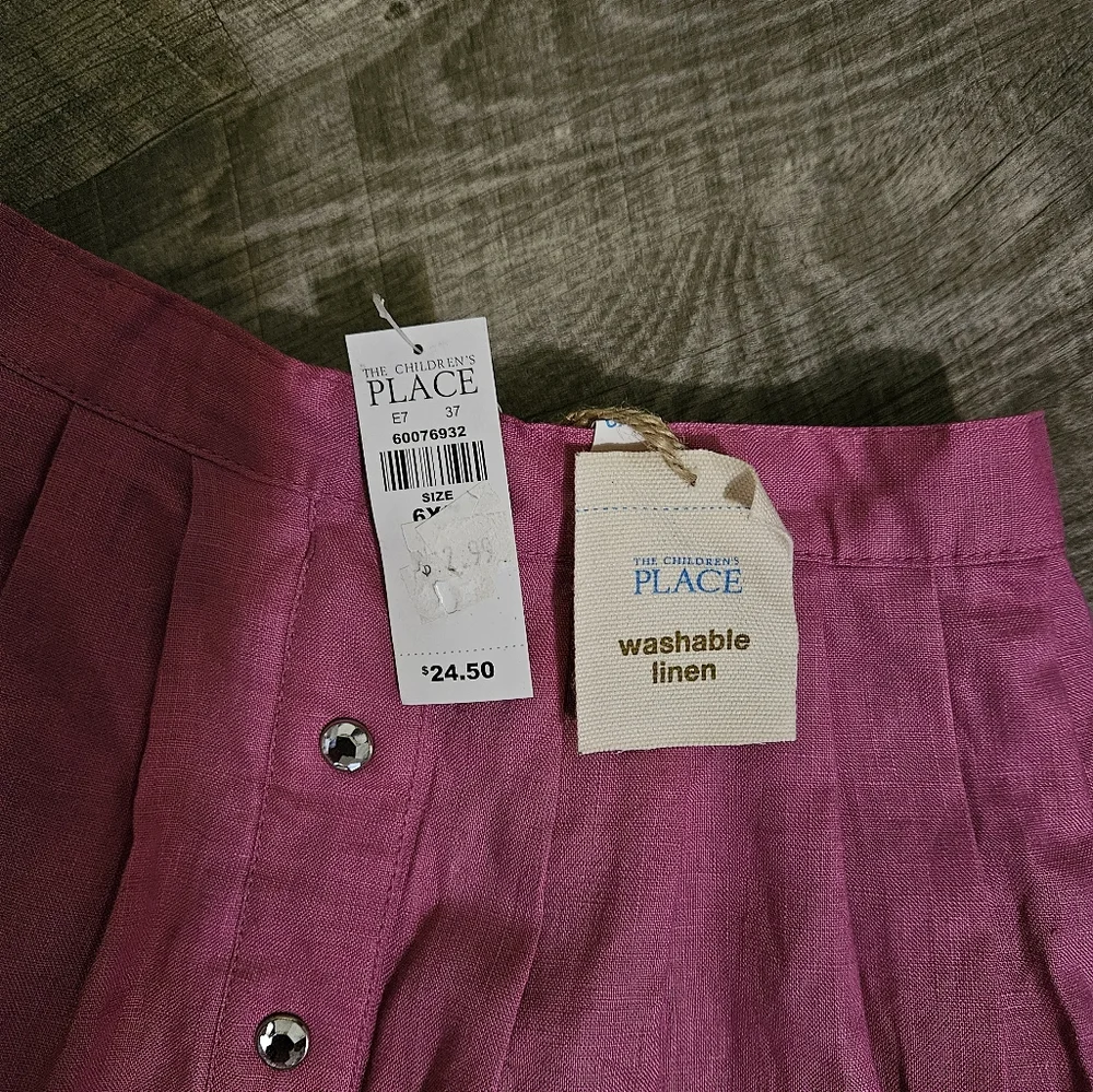 Girls Pink Linen Children's Place Skirt with Sparkle Buttons and Lace Size 6X/7